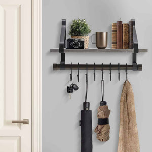 Sorbus Wall Shelf with Hooks, Rustic Wood Rack with Towel Bar and 8 Removable Hooks for Wall-Mounted Storage & Organization in Kitchen, Bathroom, Hallway, etc (Wall Shelf - Grey) - Productive Organizing