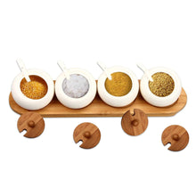 Load image into Gallery viewer, RUCKAE Ceramic Condiment Jar Spice Container with Bamboo Lid,Porcelain Spoon,Wooden Tray,Set of 4,White,170ML(5.8 OZ),Perfect Spice Storage for Home,Kitchen,Counter - Productive Organizing