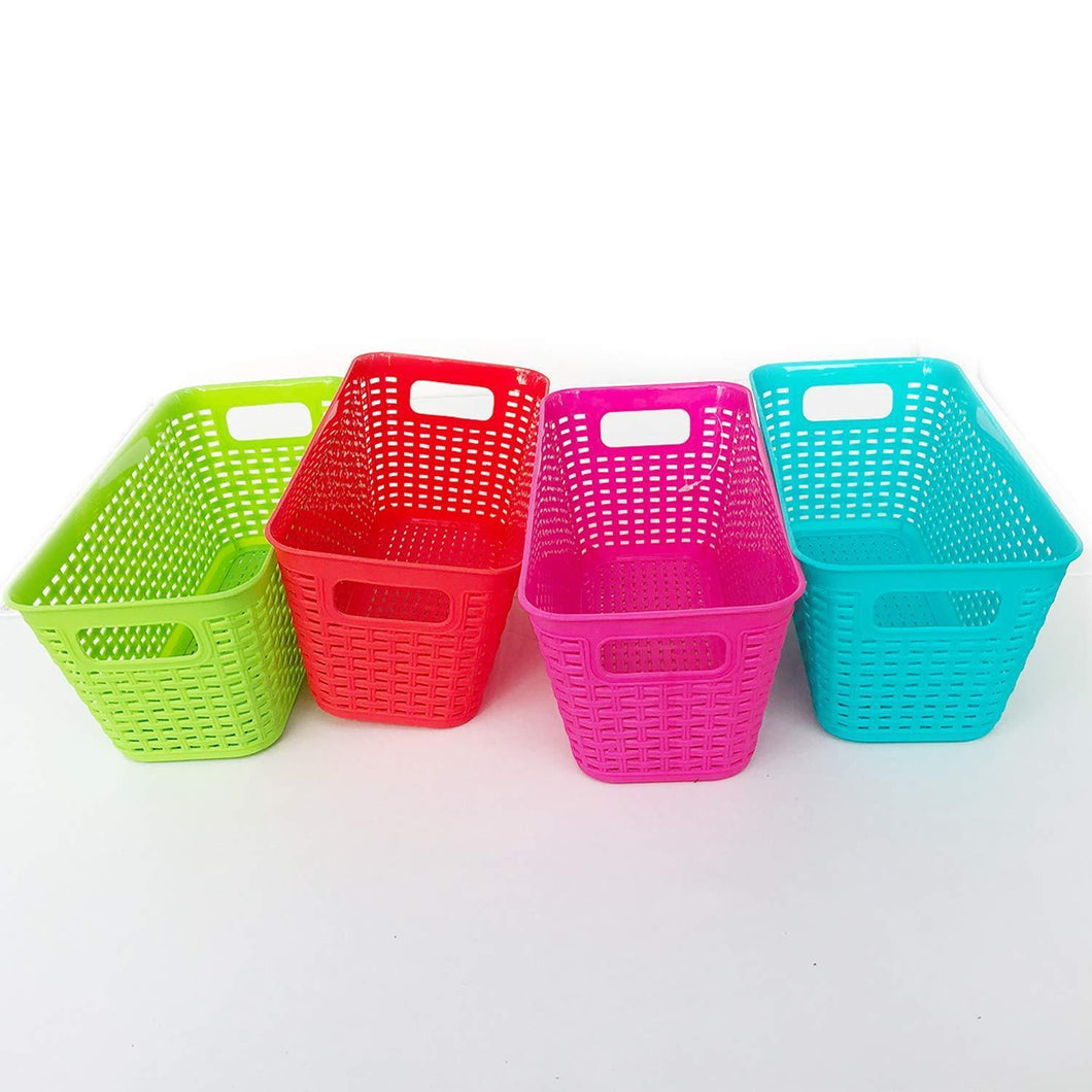 Plastic Baskets Pantry Organization and Storage Kitchen Cabinet Spice Rack Organizer for Food Shelf Small Colorful Rectangle Tray Organizing for Desks Drawers Weave Deep Closets Art Lockers Set of 4 - Productive Organizing