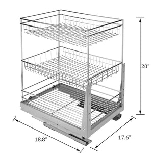 17.6 In. Length Cabinet Pull-Out Chrome Wire Basket Organizer 3-Tier Cabinet Spice Rack Shelves Bowl Pan Pots Holder Full Pullout Set - Productive Organizing