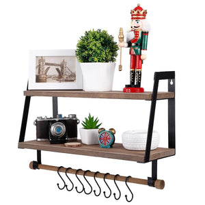 Kakivan 2-Tier Floating Shelves Wall Mount for Kitchen Spice Rack with 8 Hooks Storage, Rustic Farmhouse Wood Wall Shelf for Bathroom Décor with Towel Bar. - Productive Organizing