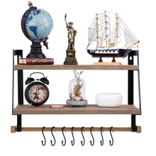 Load image into Gallery viewer, Kakivan 2-Tier Floating Shelves Wall Mount for Kitchen Spice Rack with 8 Hooks Storage, Rustic Farmhouse Wood Wall Shelf for Bathroom Décor with Towel Bar. - Productive Organizing