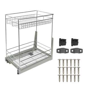 17.3x11.8x20.7" Cabinet Pull-Out Chrome Wire Basket Organizer 2-Tier Cabinet Spice Rack Shelves Bowl Pan Pots Holder Full Pullout Set - Productive Organizing