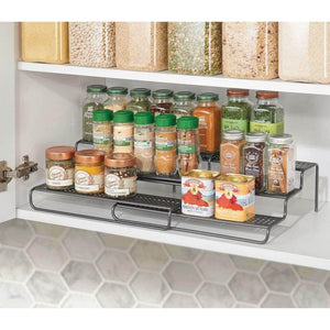 mDesign Adjustable, Expandable Kitchen Wire Metal Storage Cabinet, Cupboard, Food Pantry, Shelf Organizer Spice Bottle Rack Holder - 3 Level Storage - Up to 25" Wide, 2 Pack - Graphite Gray - Productive Organizing