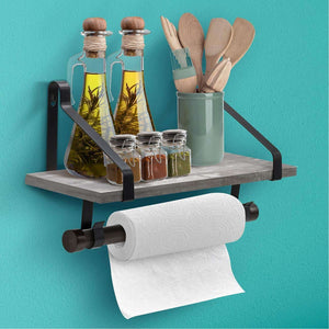Sorbus Wall Shelf with Hooks, Rustic Wood Rack with Towel Bar and 8 Removable Hooks for Wall-Mounted Storage & Organization in Kitchen, Bathroom, Hallway, etc (Wall Shelf - Grey) - Productive Organizing