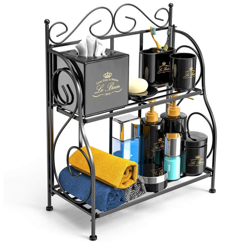 F-color Bathroom Countertop Organizer, 2 Tier Collapsible Kitchen Counter Spice Rack Jars Bottle Shelf Organizer Rack, Black - Productive Organizing