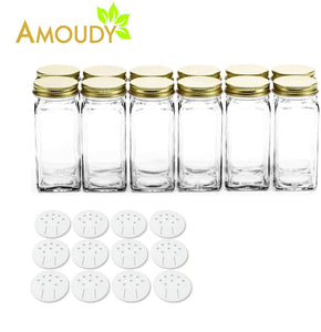 12 Square Clear Glass Bottles Containers Jars 4oz with Gold Metal Lids and Shaker Tops Empty Organizer Set Deluxe Decorative Modern - Spices Seasoning Food Crafts Gifts - Productive Organizing