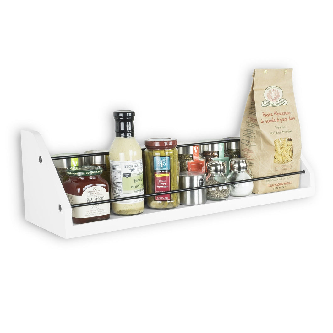 Kitchen White Wall Shelf with Black Metal Section Railing Great For Spice Dressing Jar Display Organizer Storage Rack Each Shelf is 24 inch - Productive Organizing