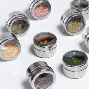 Nellam Stainless Steel Magnetic Spice Jars - Bonus Measuring Spoon Set - Airtight Kitchen Storage Containers - Stack on Fridge to Save Counter & Cupboard Space - 24pc Organizers - Productive Organizing