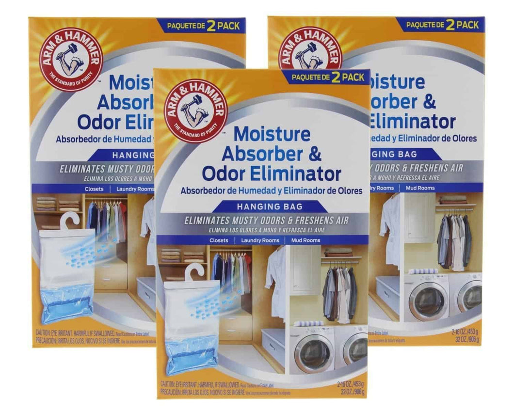 Arm & Hammer Moisture Absorber & Odor Eliminator 16oz Hanging Bag, 3 Pack (6 Bags Total) - Eliminates Musty Odors & Freshens Air for Closets, Laundry rooms, Mud Rooms - Productive Organizing