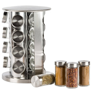 Double2C Revolving Countertop Spice Rack Stainless Steel Seasoning Storage Organization,Spice Carousel Tower for Kitchen Set of 16 Jars - Productive Organizing