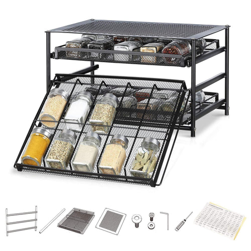 NEX 3 Tier Standing Spice Rack Kitchen Countertop Storage Organizer, Adjustable Shelf Pull Out Spice Rack Slide Out Cabinet for Spice Jars Glass Empty Cabinets, Holds 18,24,30 Jars (Brown, 30 Jars) - Productive Organizing