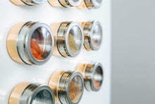 Load image into Gallery viewer, Stainless Steel Magnetic Spice Jars - Bonus Measuring Spoon Set - Airtight Kitchen Storage Containers - Stack on Fridge to Save Counter &amp; Cupboard Space - 36pc Organizers in Gold - Productive Organizing