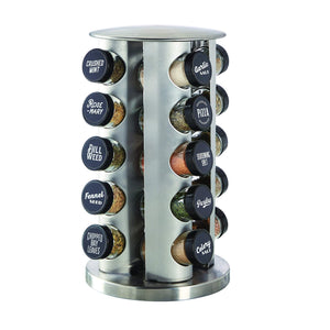 Kamenstein 5244684 Revolving 20-Jar Countertop Rack Tower Organizer with Black Caps and Free Spice Refills for 5 Years, Count, Silver - Productive Organizing
