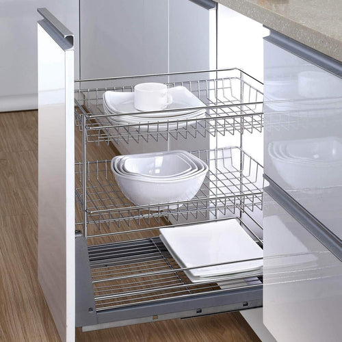 17.6 In. Length Cabinet Pull-Out Chrome Wire Basket Organizer 3-Tier Cabinet Spice Rack Shelves Bowl Pan Pots Holder Full Pullout Set - Productive Organizing