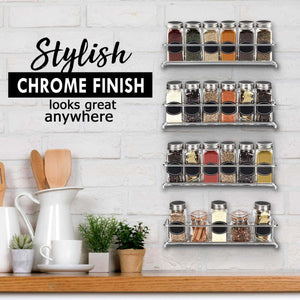 Spice Rack Organizer for Cabinet, Door Mount, or Wall Mounted - Set of 4 Chrome Tiered Hanging Shelf for Spice Jars - Storage in Cupboard, Kitchen or Pantry - Display bottles on shelves, in cabinets - Productive Organizing
