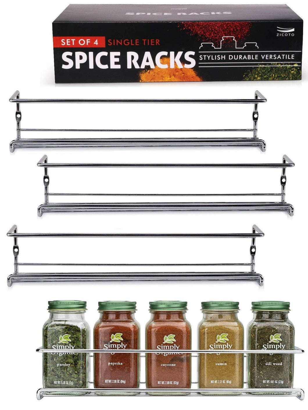 Gorgeous Spice Rack Organizer for Cabinets or Wall Mounts - Space Saving Set of 4 Hanging Racks - Perfect Seasoning Organizer For Your Kitchen Cabinet, Cupboard or Pantry Door - Productive Organizing