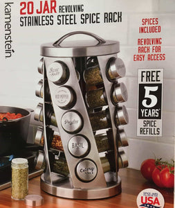 Contemporary Spice Rack Stainless Steel 20 Jars Revolving Rack for Easy Access,Spices Included Plus Free 5 Years of Refills, Filled in USA - Productive Organizing