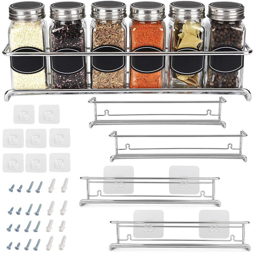 Spice Rack Organizer for Cabinet, Door Mount, or Wall Mounted - Set of 4 Chrome Tiered Hanging Shelf for Spice Jars - Storage in Cupboard, Kitchen or Pantry - Display bottles on shelves, in cabinets - Productive Organizing