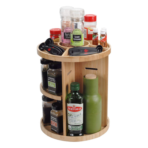 Bamboo 360 Rotating Spice Rack & Adjustable Multi Level Kitchen Organizer with Holder for Utensils, Spatulas, Serving Spoons & Other Cooking Tools - Productive Organizing