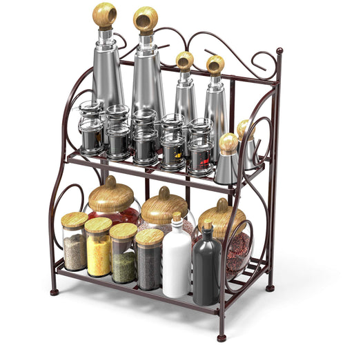 Spice Rack, iSPECLE 2-Tier Foldable Shelf Rack Kitchen Bathroom Countertop, 2-Tier Standing Storage Organizer Spice Jars Bottle Shelf Holder Rack -Classic Bronze Coating - Productive Organizing