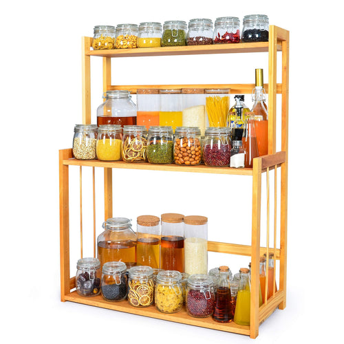 3-Tier Spice Rack Kitchen Bathroom Countertop Storage Organizer Rack, Bamboo Spice Bottle Jars Rack Holder with Adjustable Shelf,100% Natrual Bamboo - Productive Organizing