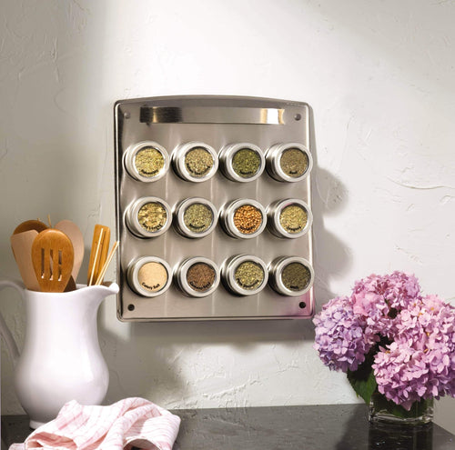 Kamenstein Magnetic 12-Tin Spice Rack with Free Spice Refills for 5 Years - Productive Organizing