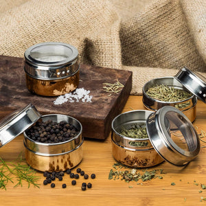 Stainless Steel Magnetic Spice Jars - Bonus Measuring Spoon Set - Airtight Kitchen Storage Containers - Stack on Fridge to Save Counter & Cupboard Space - 36pc Organizers in Gold - Productive Organizing