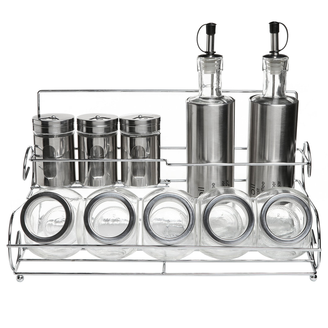 Stainless Steel Condiment Set with 2 Oil Cruets, 3 Spice Shakers, 5 Glass Canister Jars, and Chrome Rack - Productive Organizing