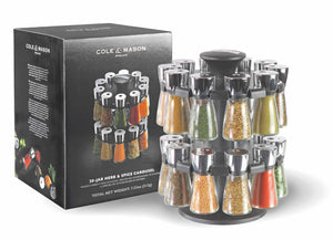 Cole & Mason Herb and Spice Rack with Spices - Revolving Countertop Carousel Set Includes 20 Filled Glass Jar Bottles - Productive Organizing