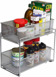 YBM Home Silver 2 Tier Mesh Sliding Spice and Sauces Basket Cabinet Organizer Drawer 2304 - Productive Organizing