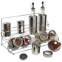 Load image into Gallery viewer, Stainless Steel Condiment Set with 2 Oil Cruets, 3 Spice Shakers, 5 Glass Canister Jars, and Chrome Rack - Productive Organizing